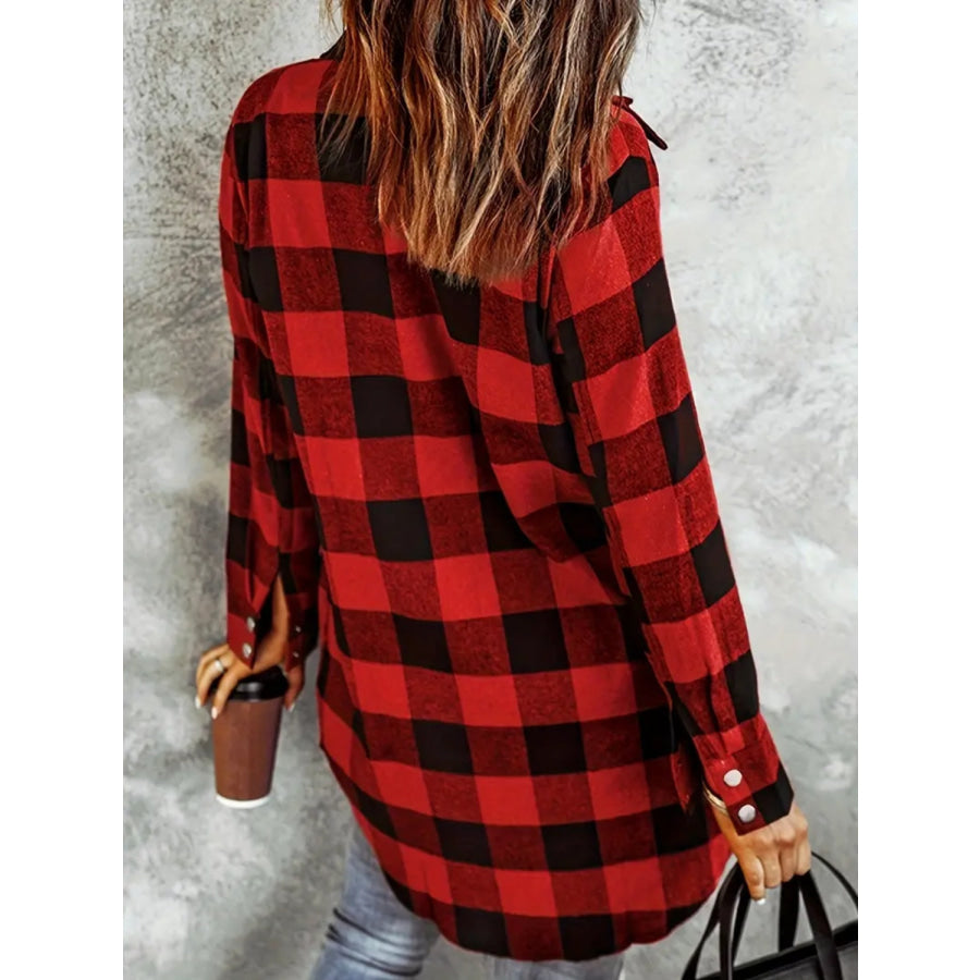 Plaid Collared Neck Snap Down Long Sleeve Jacket Apparel and Accessories