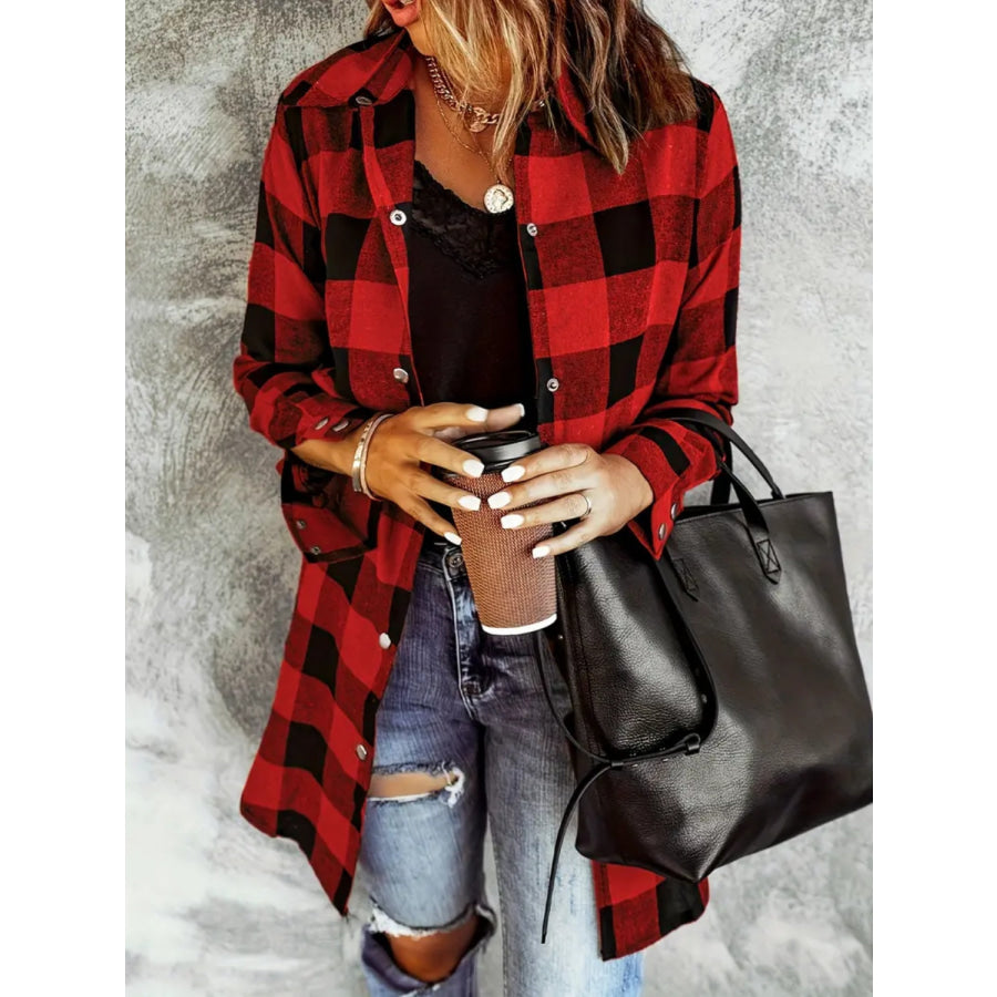 Plaid Collared Neck Snap Down Long Sleeve Jacket Deep Red / S Apparel and Accessories