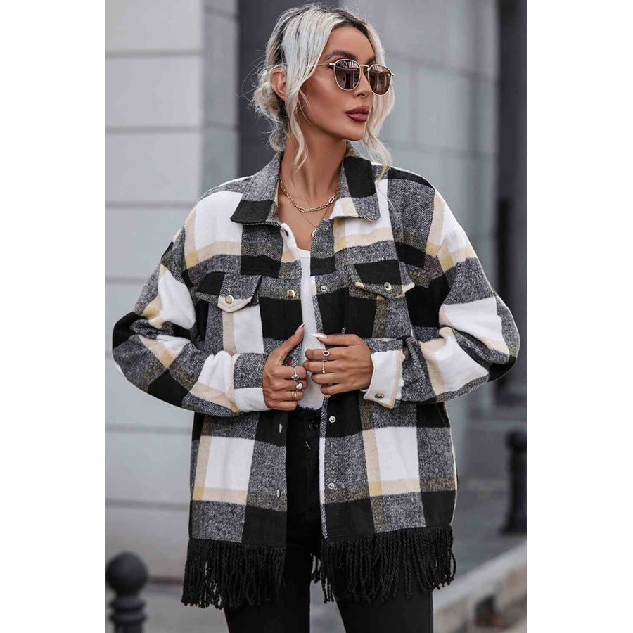 Plaid Collared Neck Snap Front Jacket Black / S