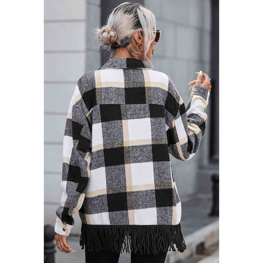 Plaid Collared Neck Snap Front Jacket