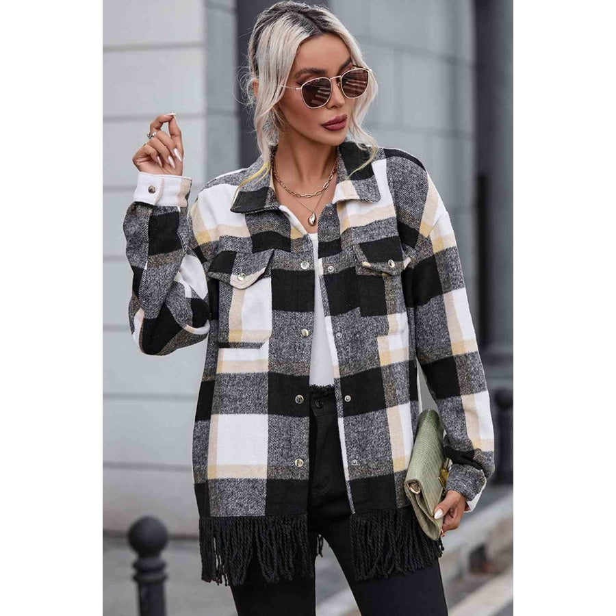 Plaid Collared Neck Snap Front Jacket