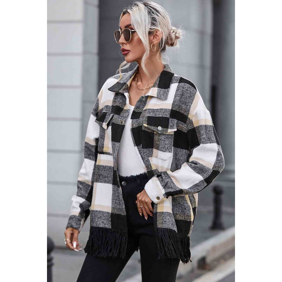 Plaid Collared Neck Snap Front Jacket