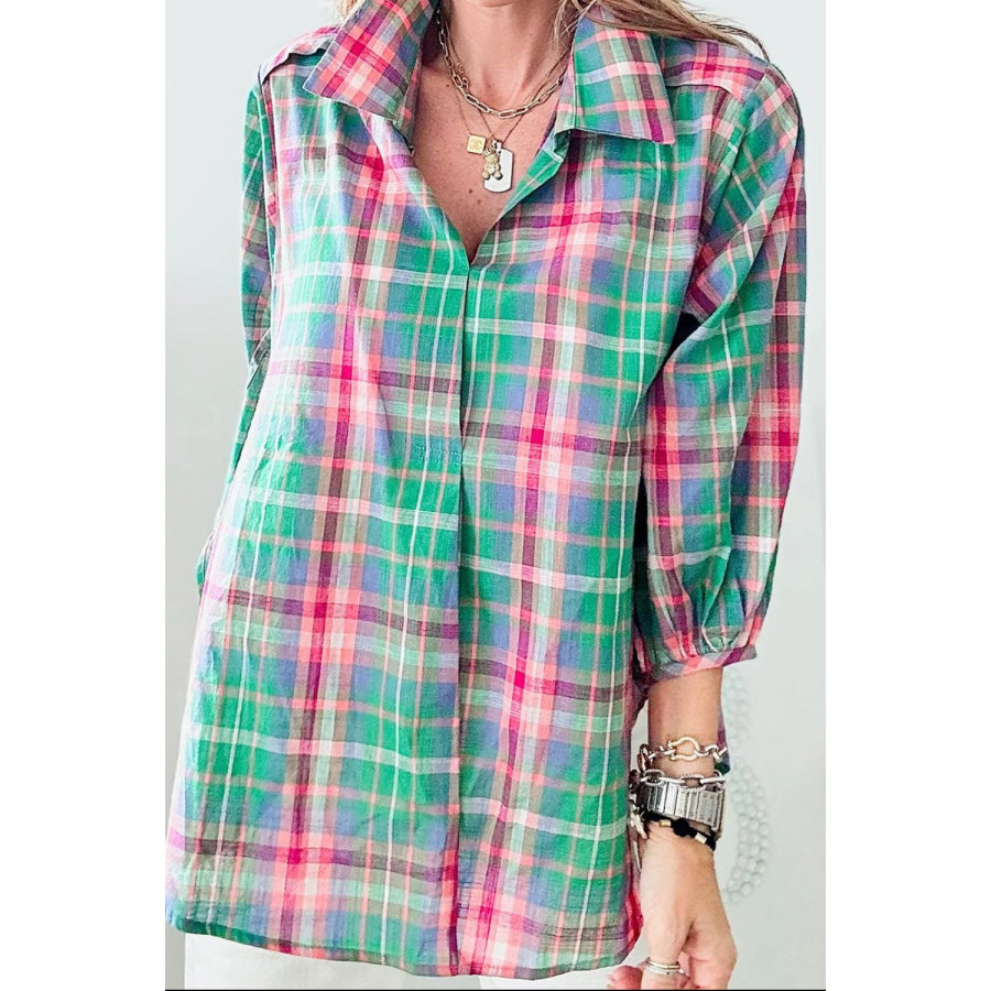 Plaid Collared Neck Three-Quarter Sleeve Blouse Apparel and Accessories