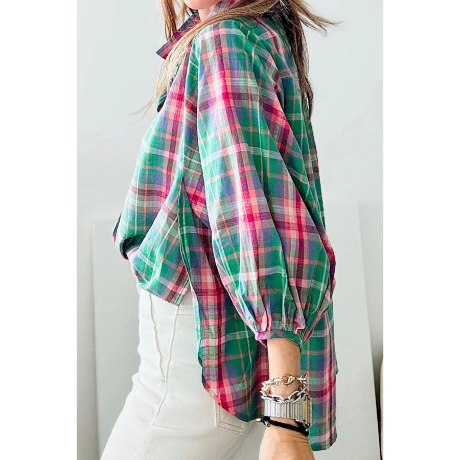 Plaid Collared Neck Three-Quarter Sleeve Blouse Apparel and Accessories