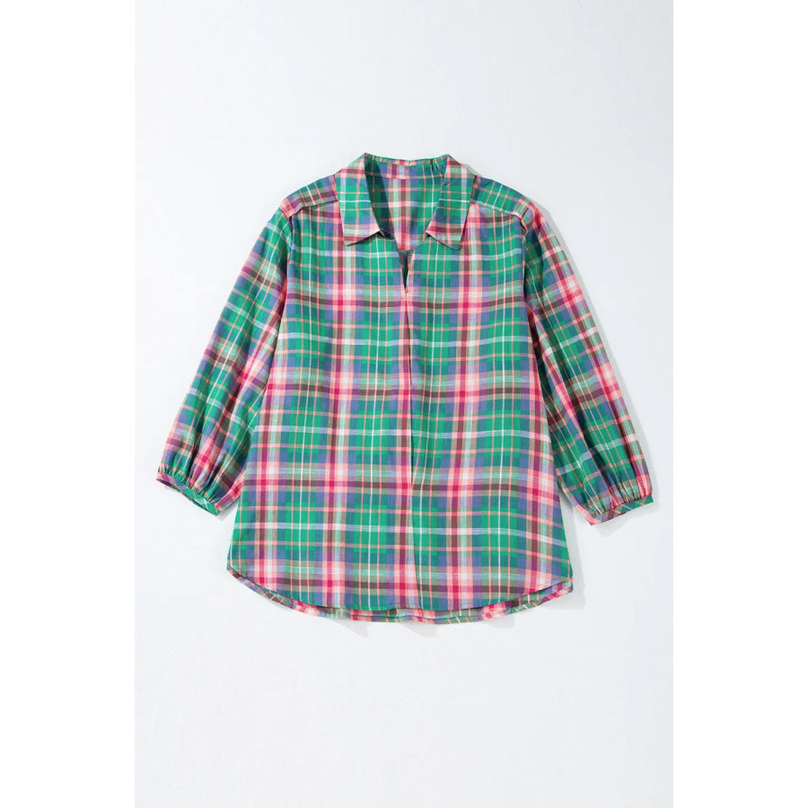 Plaid Collared Neck Three-Quarter Sleeve Blouse Apparel and Accessories