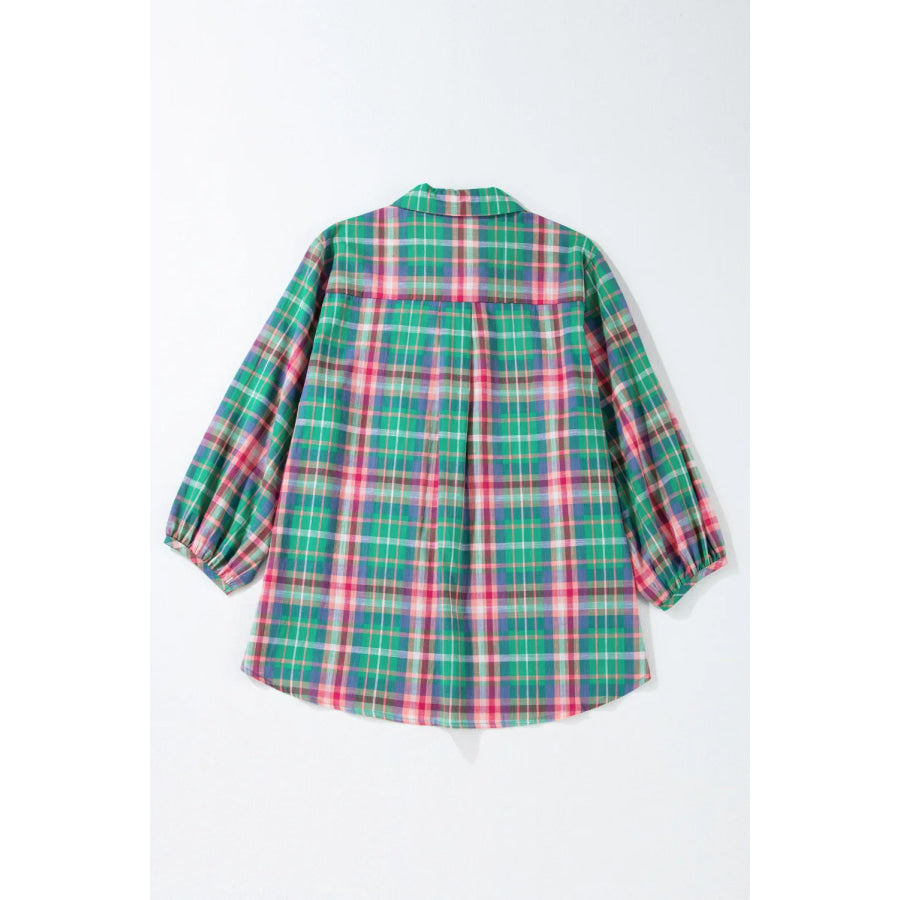 Plaid Collared Neck Three-Quarter Sleeve Blouse Apparel and Accessories