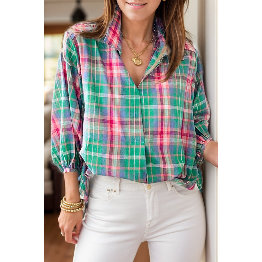 Plaid Collared Neck Three-Quarter Sleeve Blouse Plaid / S Apparel and Accessories