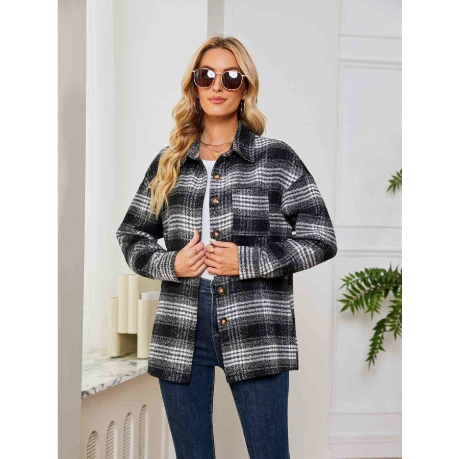 Plaid Collared Shirt Jacket Black / S