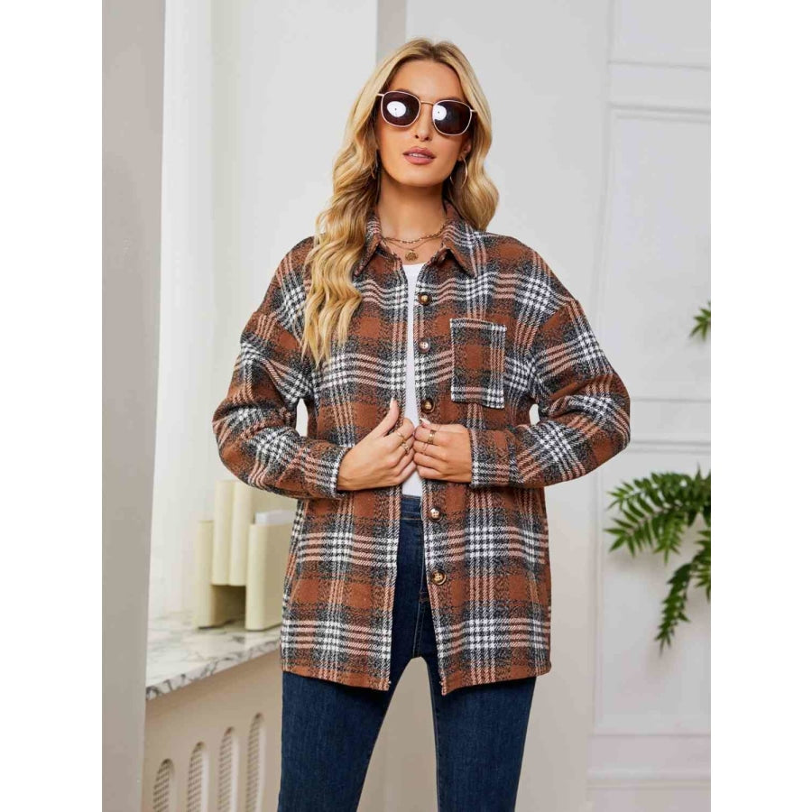 Plaid Collared Shirt Jacket Chocolate / S