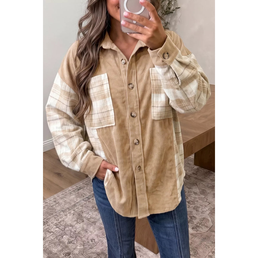 Plaid Colorblock Shirt Collar Shift Shacket Apparel and Accessories