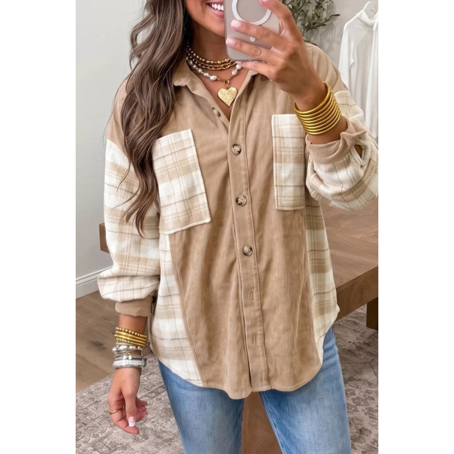 Plaid Colorblock Shirt Collar Shift Shacket Apparel and Accessories