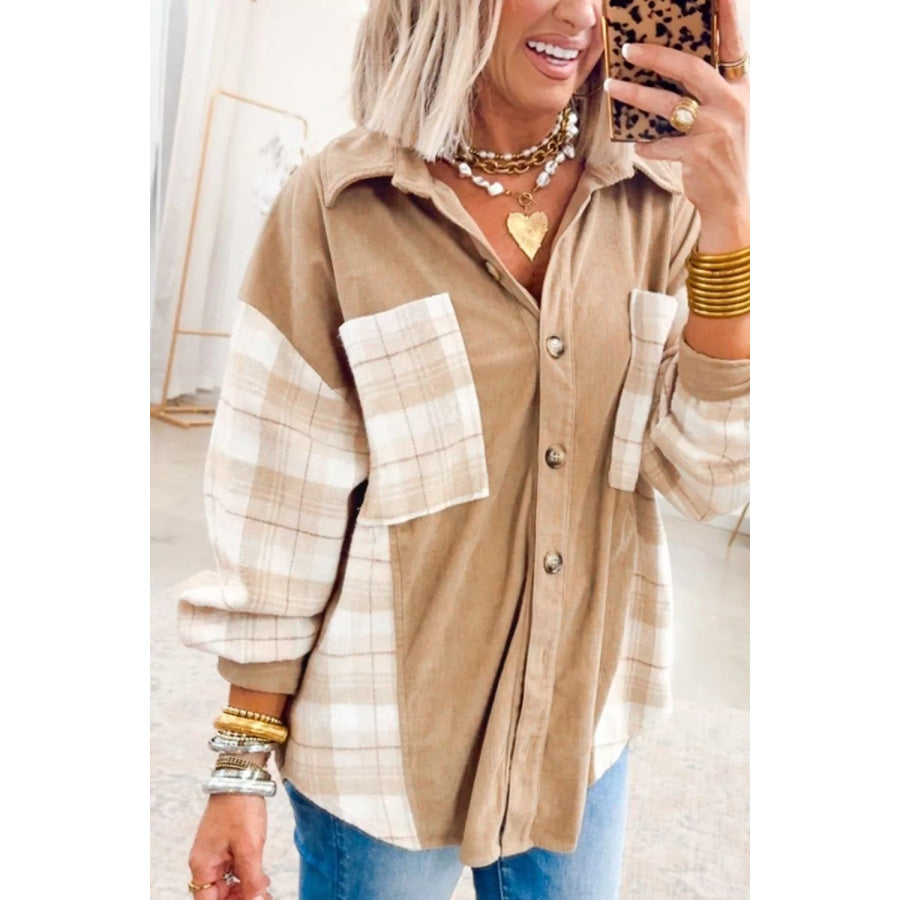 Plaid Colorblock Shirt Collar Shift Shacket Camel / S Apparel and Accessories