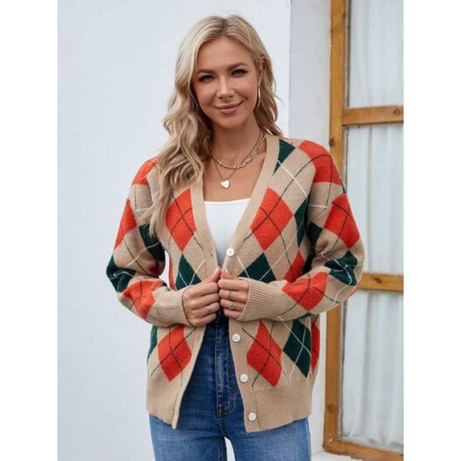 Plaid Contrast Button Up Cardigan Camel / S Clothing