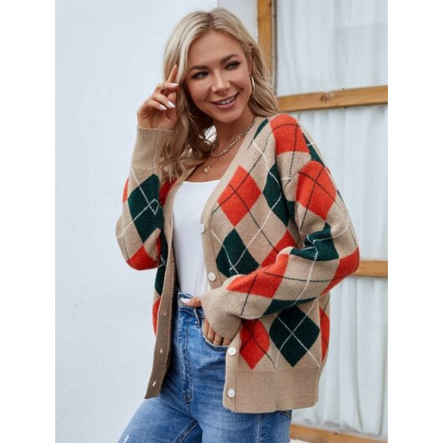 Plaid Contrast Button Up Cardigan Clothing