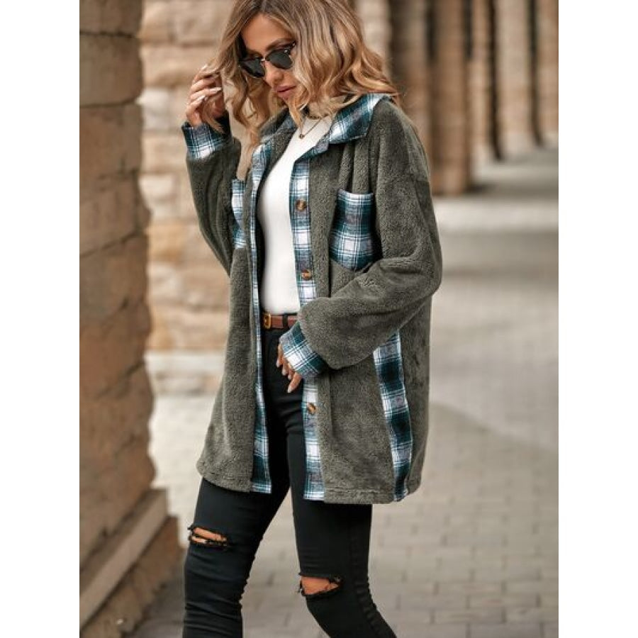 Plaid Contrast Dropped Shoulder Coat Apparel and Accessories