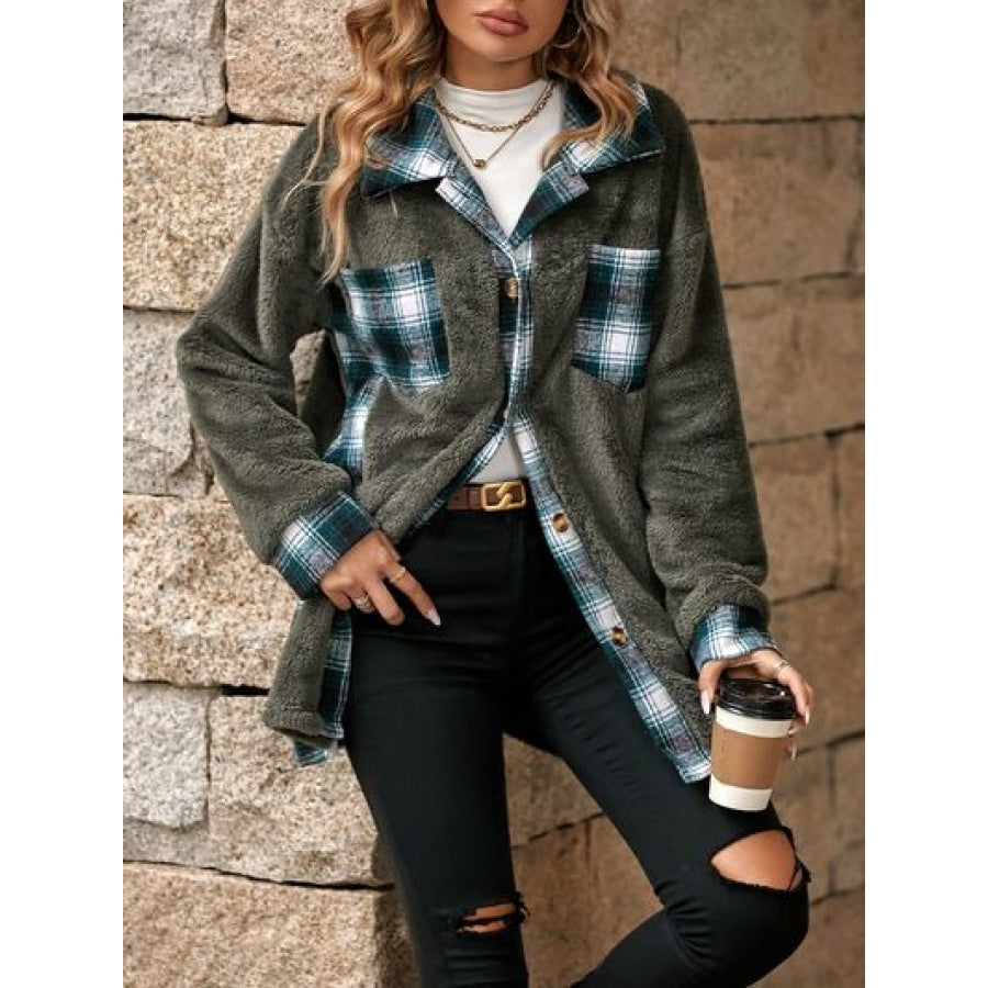 Plaid Contrast Dropped Shoulder Coat Apparel and Accessories