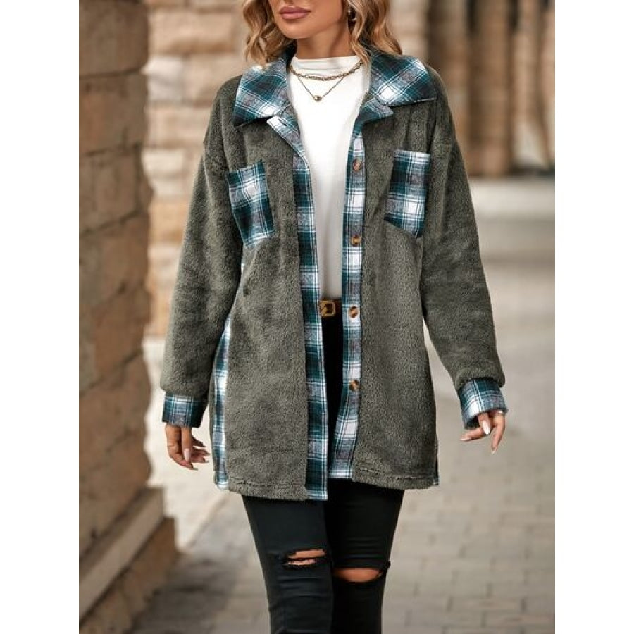 Plaid Contrast Dropped Shoulder Coat Charcoal / S Apparel and Accessories