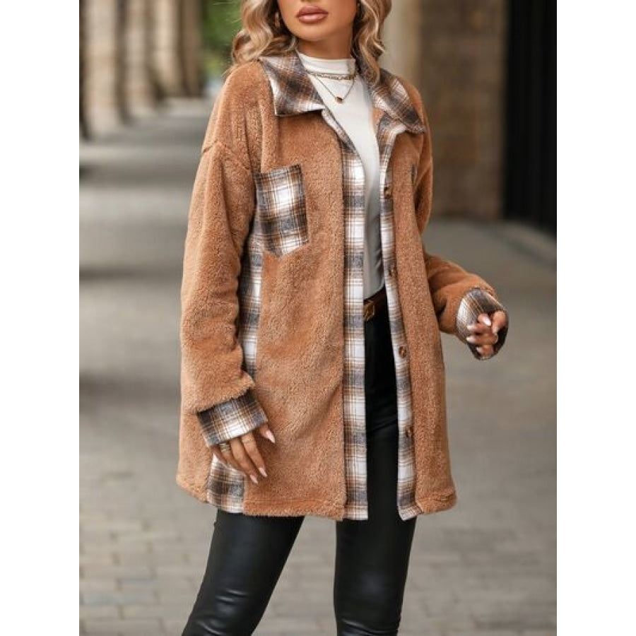 Plaid Contrast Dropped Shoulder Coat Tan / S Apparel and Accessories