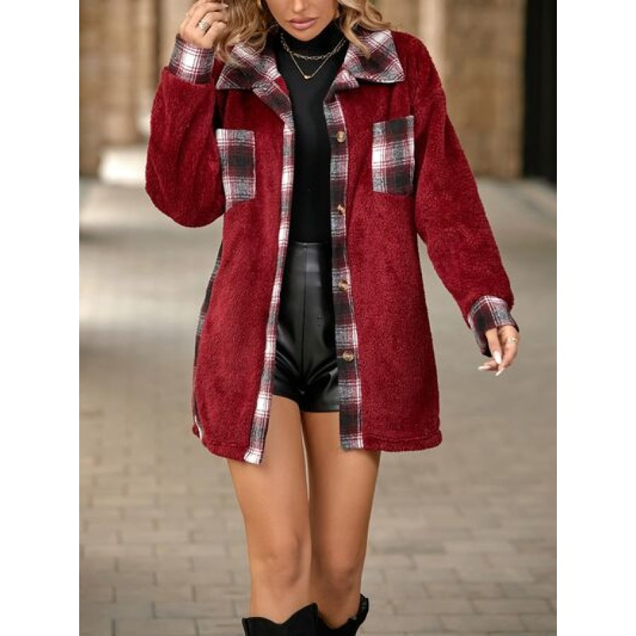 Plaid Contrast Dropped Shoulder Coat Wine / S Apparel and Accessories