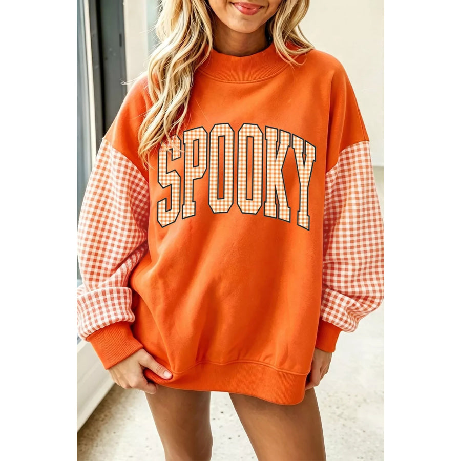 Plaid Contrast Sleeve SPOOKY Letter Graphic Sweatshirt Apparel and Accessories
