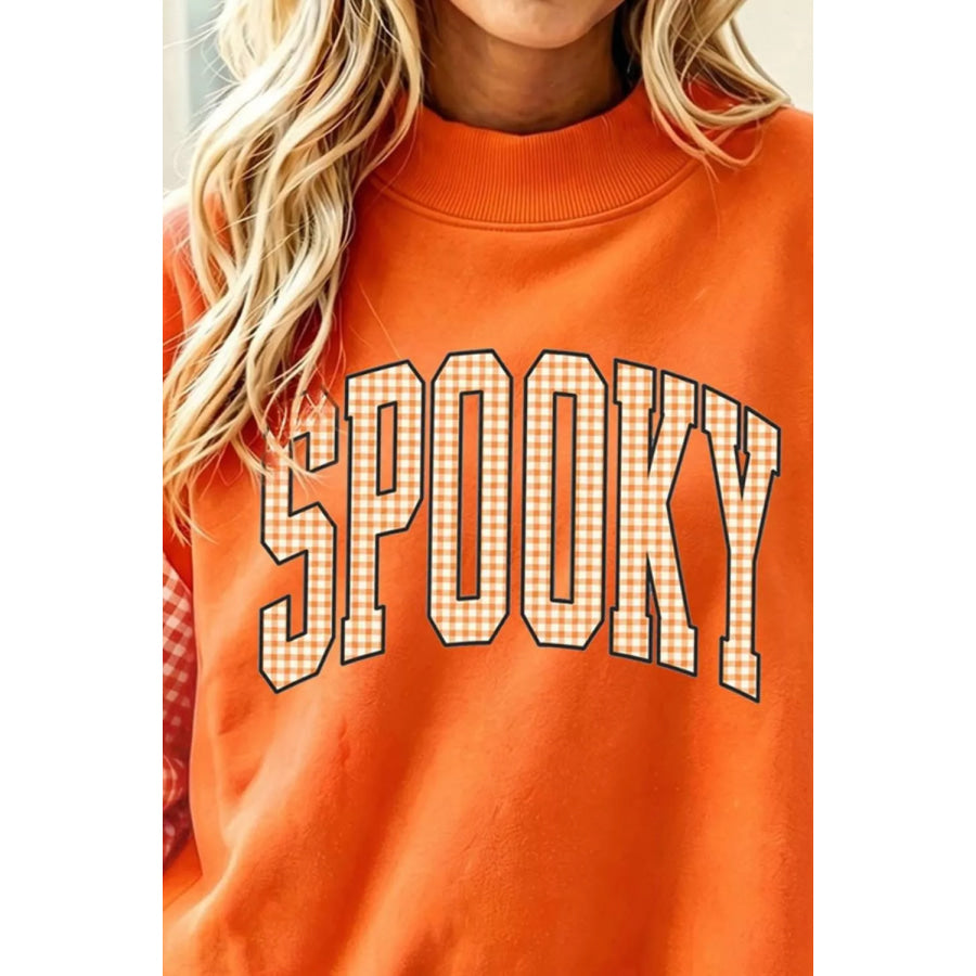 Plaid Contrast Sleeve SPOOKY Letter Graphic Sweatshirt Apparel and Accessories