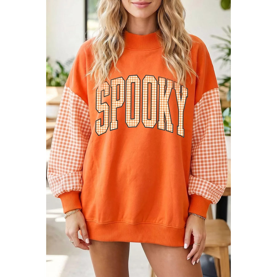 Plaid Contrast Sleeve SPOOKY Letter Graphic Sweatshirt Orange / S Apparel and Accessories
