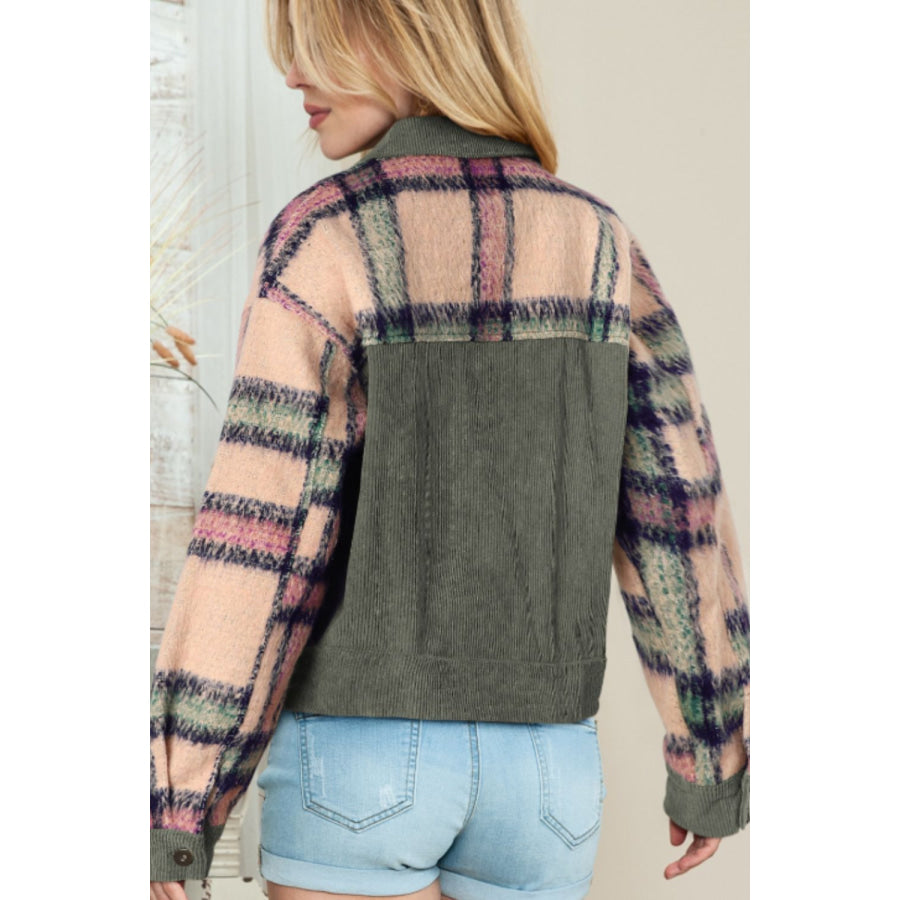 Plaid Corduroy Flap Pockets Button Up Jacket Apparel and Accessories