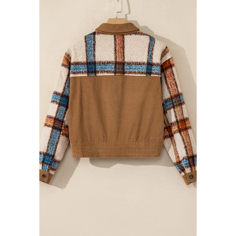 Plaid Corduroy Flap Pockets Button Up Jacket Apparel and Accessories