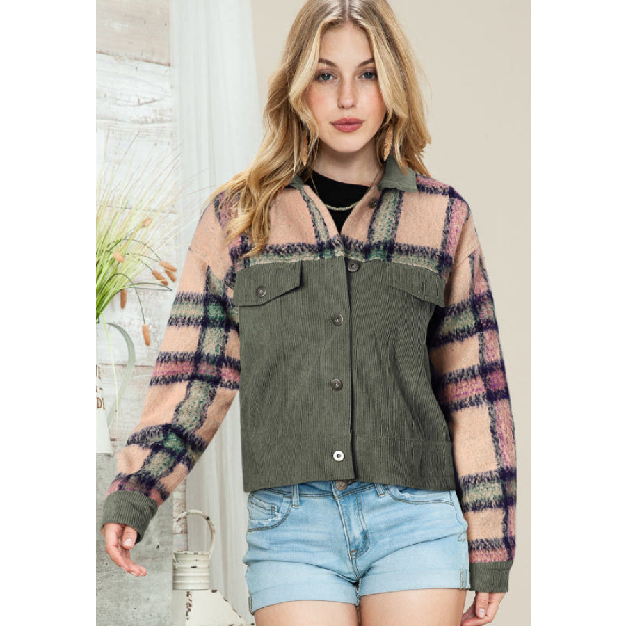 Plaid Corduroy Flap Pockets Button Up Jacket Apparel and Accessories