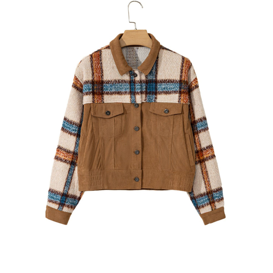 Plaid Corduroy Flap Pockets Button Up Jacket Apparel and Accessories