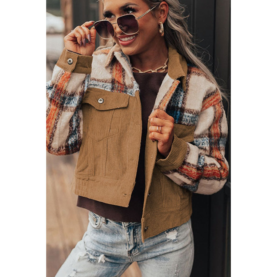 Plaid Corduroy Flap Pockets Button Up Jacket Apparel and Accessories