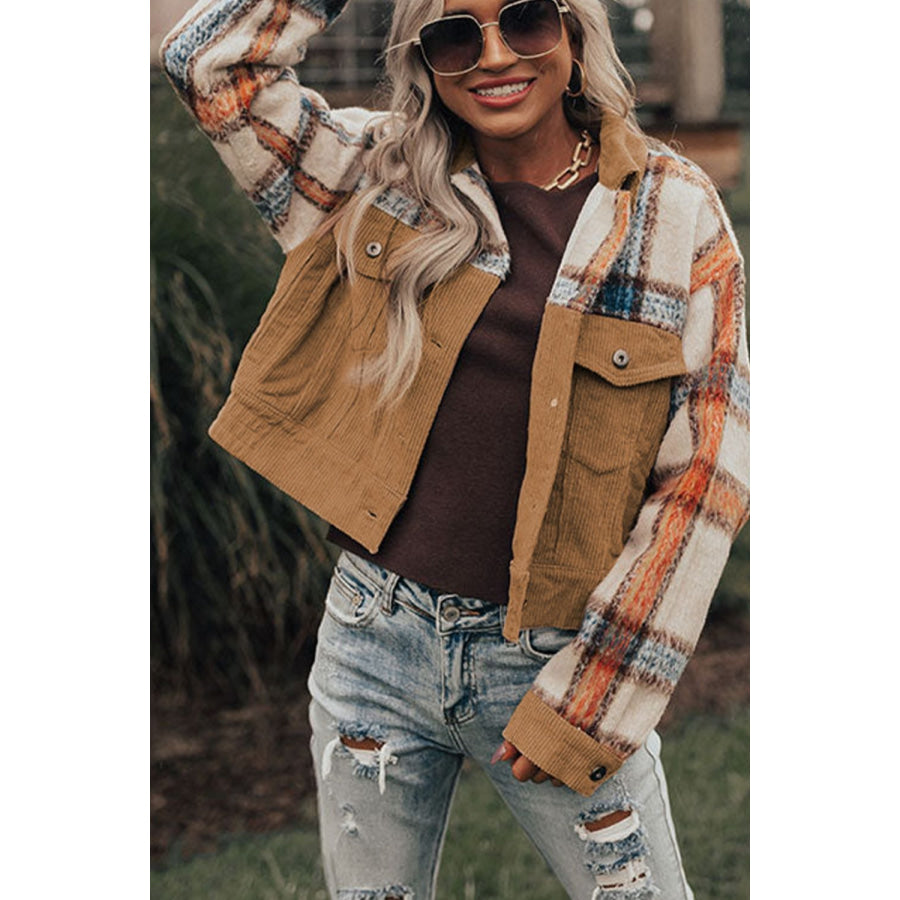 Plaid Corduroy Flap Pockets Button Up Jacket Apparel and Accessories