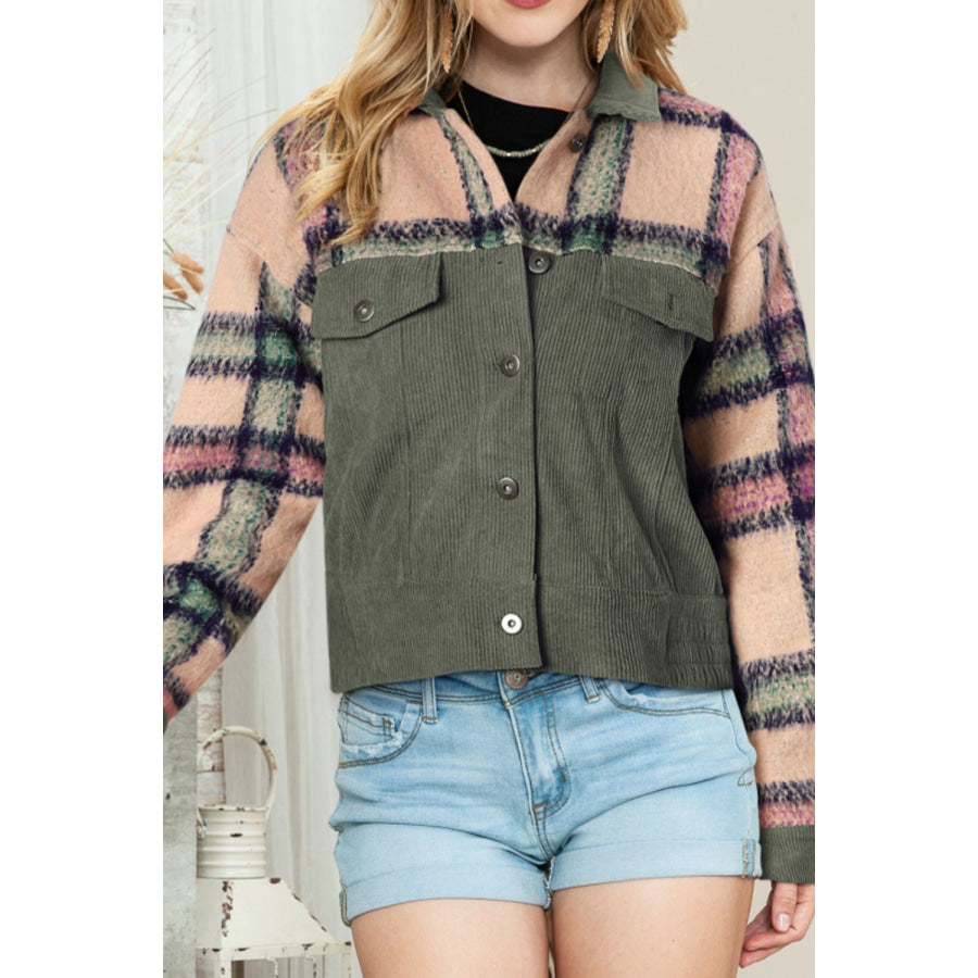 Plaid Corduroy Flap Pockets Button Up Jacket Sage / S Apparel and Accessories