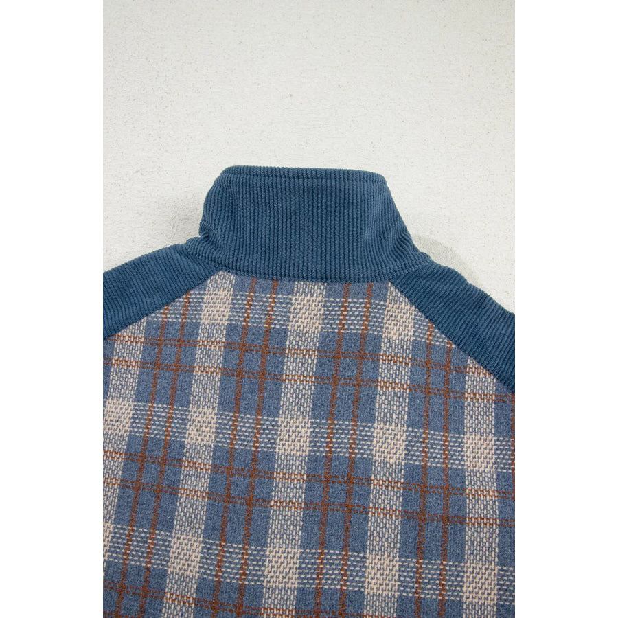 Plaid Corduroy Patchwork Collared Zip Up Snap Button Jacket Apparel and Accessories