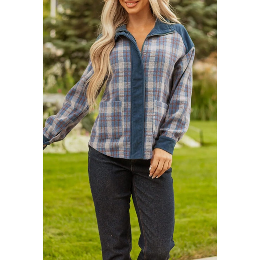 Plaid Corduroy Patchwork Collared Zip Up Snap Button Jacket Apparel and Accessories