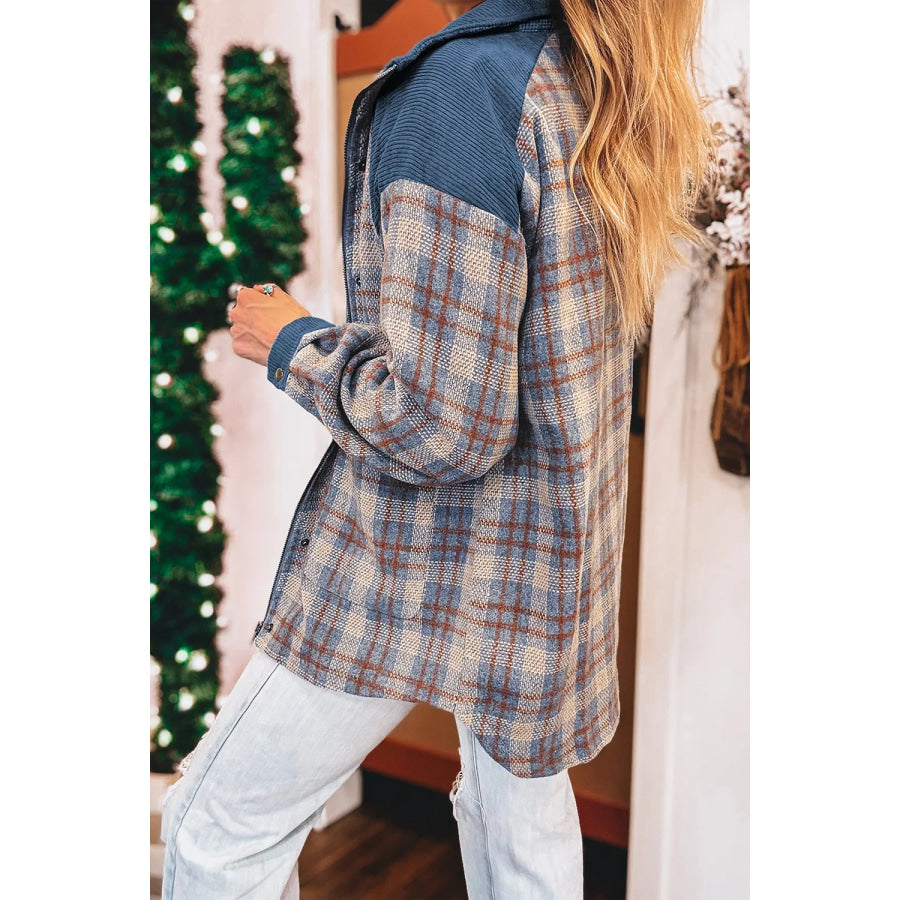 Plaid Corduroy Patchwork Collared Zip Up Snap Button Jacket Apparel and Accessories