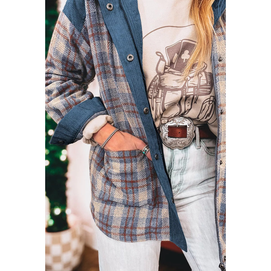 Plaid Corduroy Patchwork Collared Zip Up Snap Button Jacket Apparel and Accessories