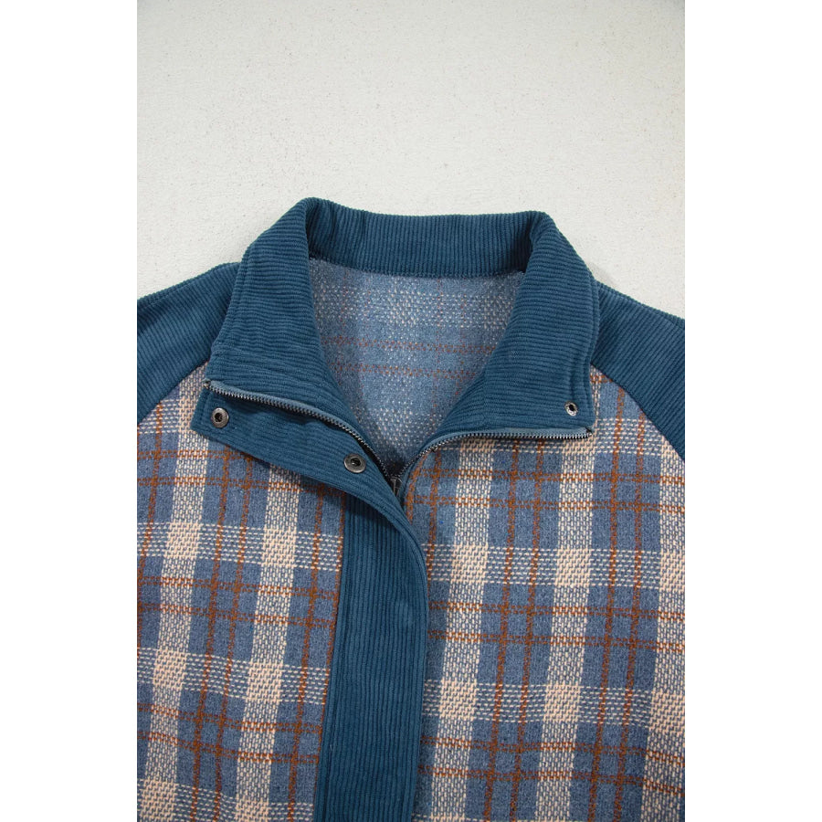 Plaid Corduroy Patchwork Collared Zip Up Snap Button Jacket Apparel and Accessories