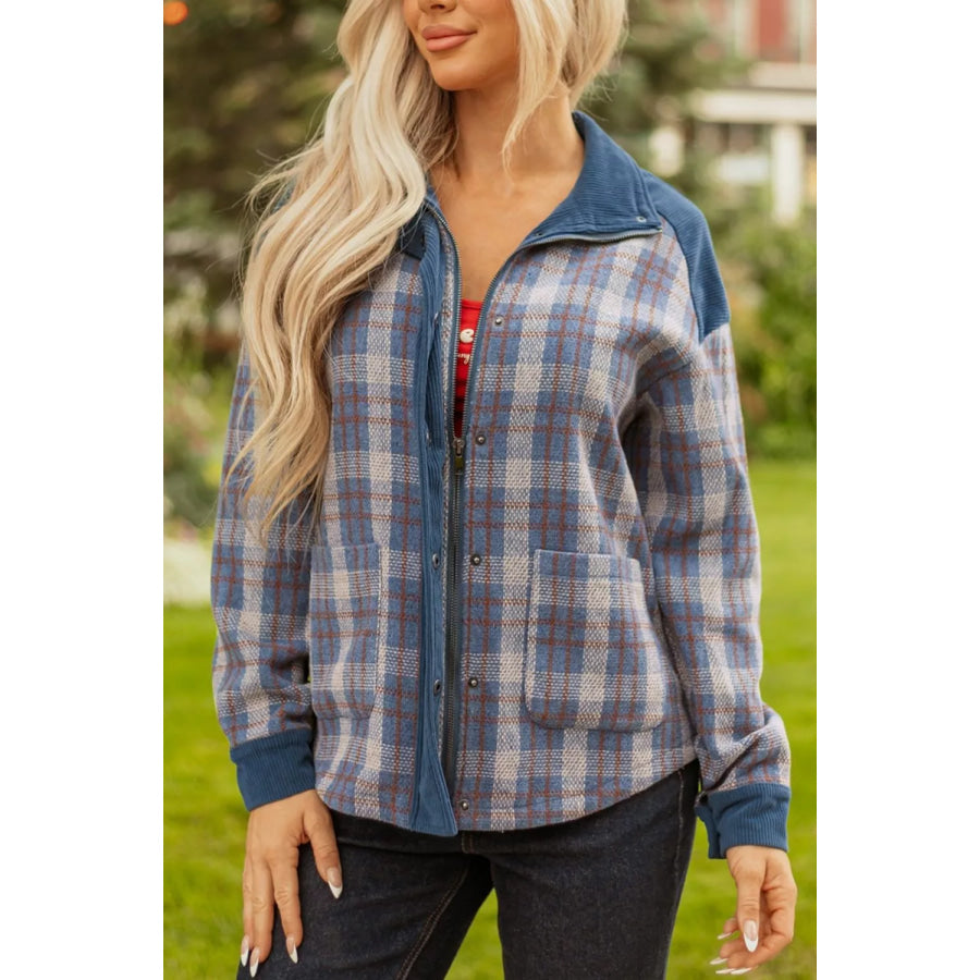 Plaid Corduroy Patchwork Collared Zip Up Snap Button Jacket Apparel and Accessories