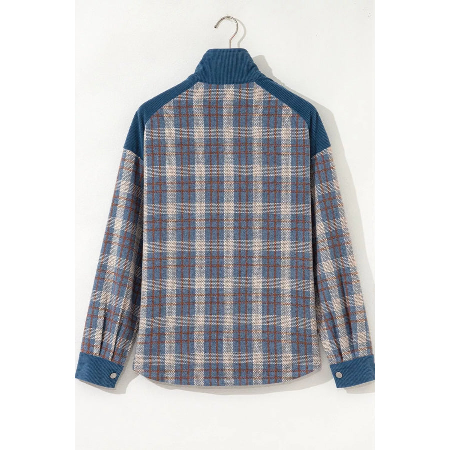 Plaid Corduroy Patchwork Collared Zip Up Snap Button Jacket Apparel and Accessories
