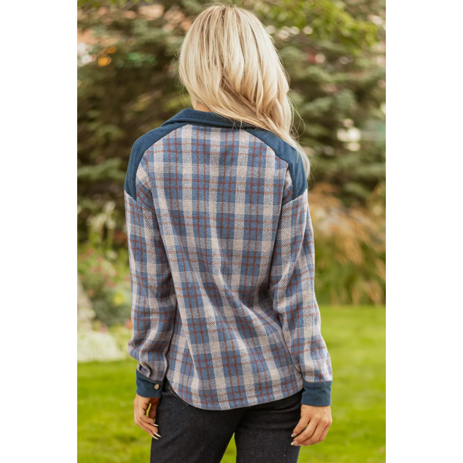 Plaid Corduroy Patchwork Collared Zip Up Snap Button Jacket Apparel and Accessories