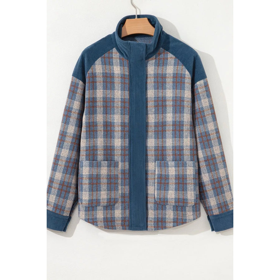 Plaid Corduroy Patchwork Collared Zip Up Snap Button Jacket Apparel and Accessories