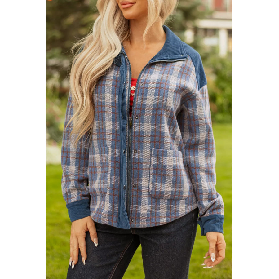 Plaid Corduroy Patchwork Collared Zip Up Snap Button Jacket Apparel and Accessories