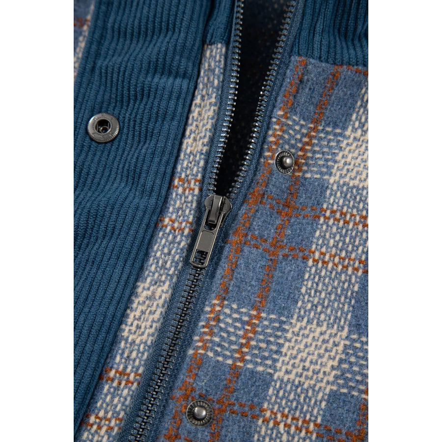 Plaid Corduroy Patchwork Collared Zip Up Snap Button Jacket Apparel and Accessories