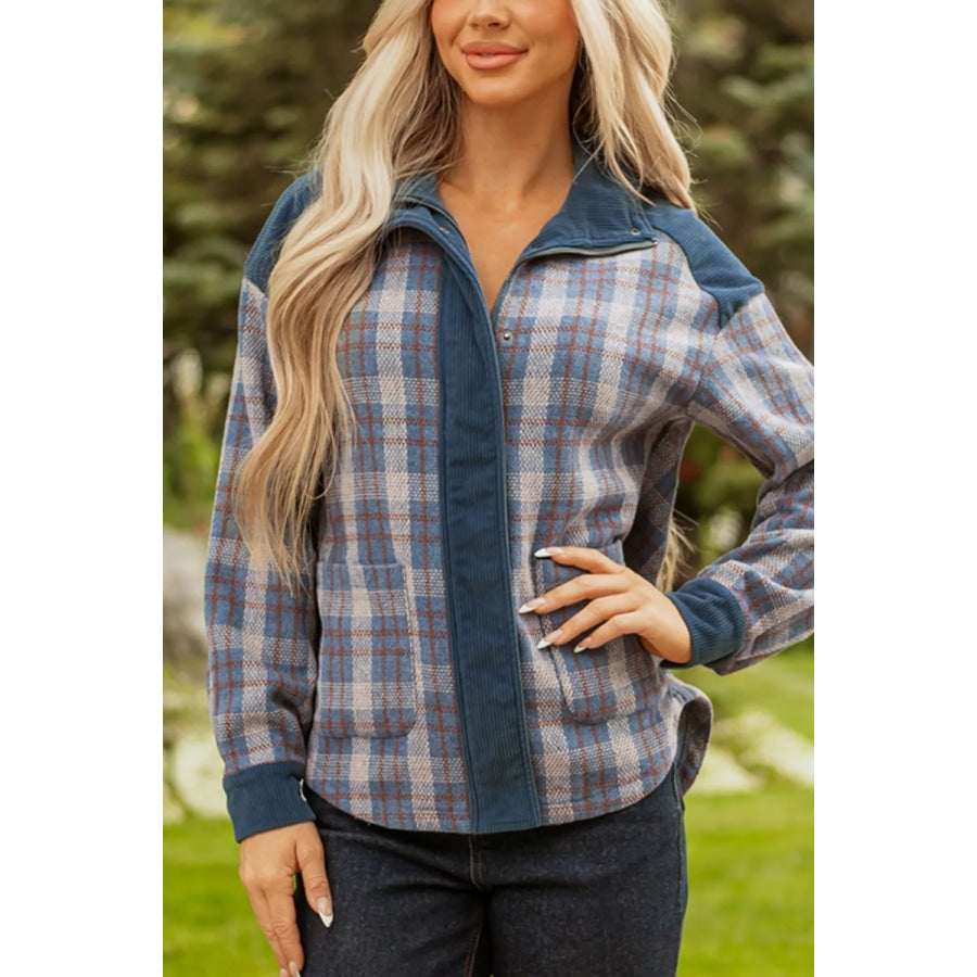 Plaid Corduroy Patchwork Collared Zip Up Snap Button Jacket Apparel and Accessories