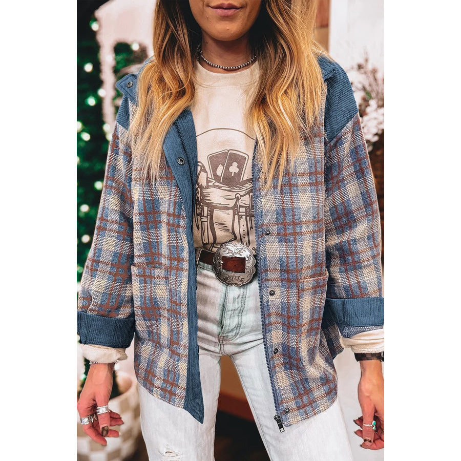 Plaid Corduroy Patchwork Collared Zip Up Snap Button Jacket Plaid / S Apparel and Accessories