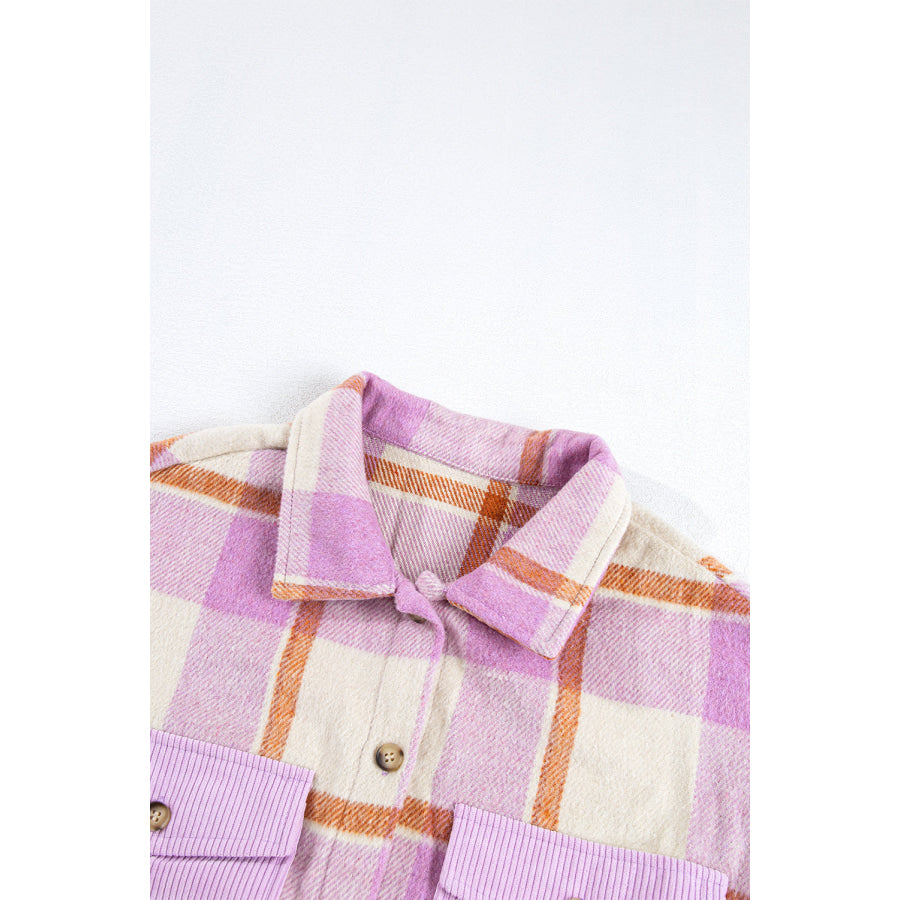 Plaid Corduroy Pockets Brushed Checkered Shacket Apparel and Accessories