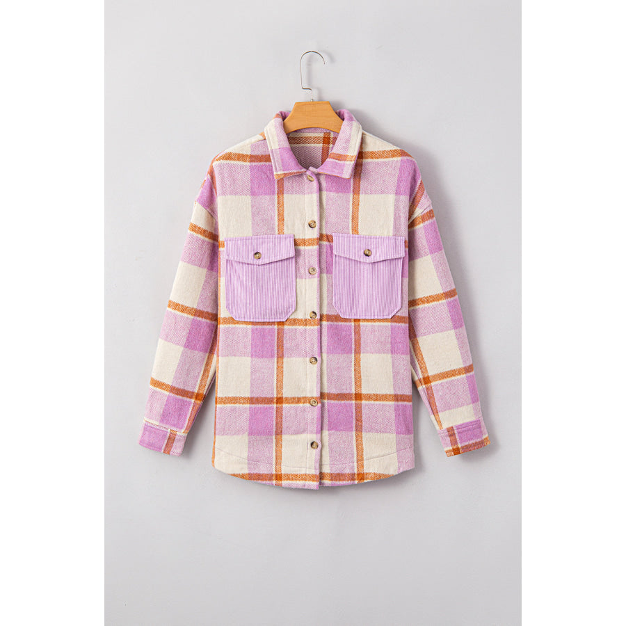 Plaid Corduroy Pockets Brushed Checkered Shacket Apparel and Accessories