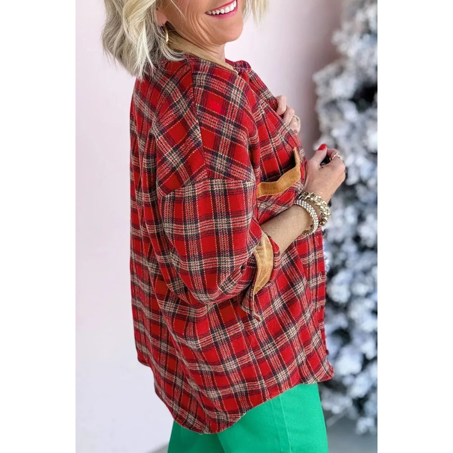 Plaid Corduroy Trim Dropped Shoulder Shacket Apparel and Accessories