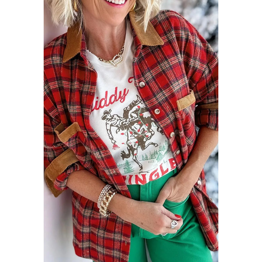 Plaid Corduroy Trim Dropped Shoulder Shacket Apparel and Accessories